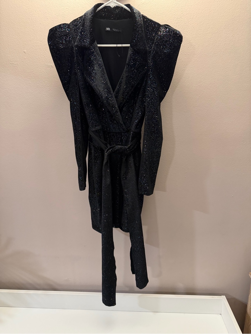Zara Black Metallic Glitter Sparkle Puff Sleeve Belted Blazer Mini Dress S